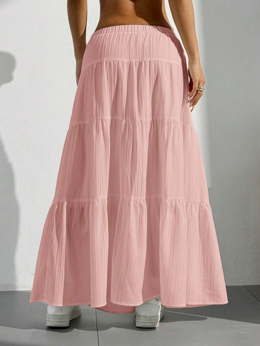 MainGRL Women Solid Color High Waist Tie Ruffled Hem Maxi Skirt
