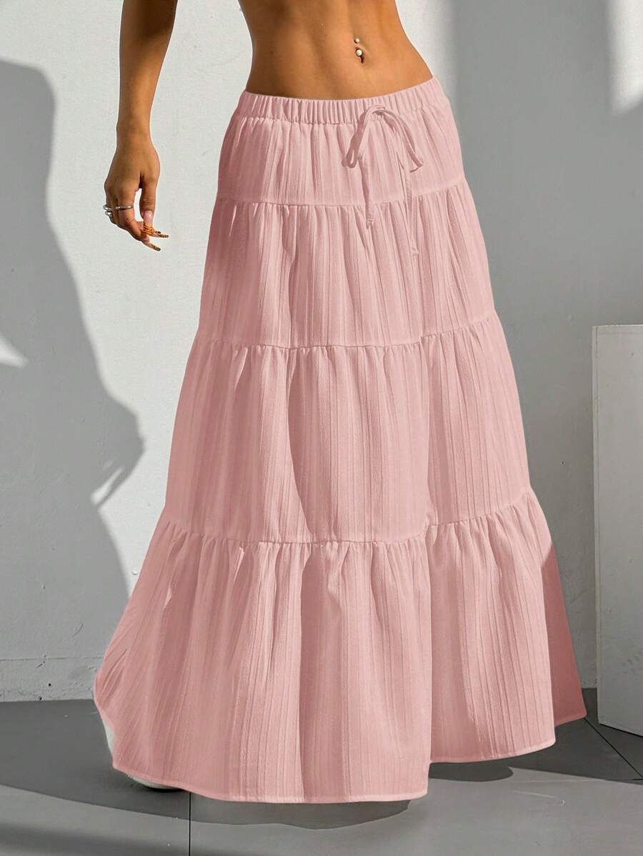 MainGRL Women Solid Color High Waist Tie Ruffled Hem Maxi Skirt