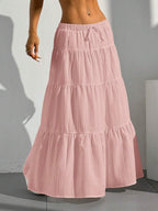 MainGRL Women Solid Color High Waist Tie Ruffled Hem Maxi Skirt