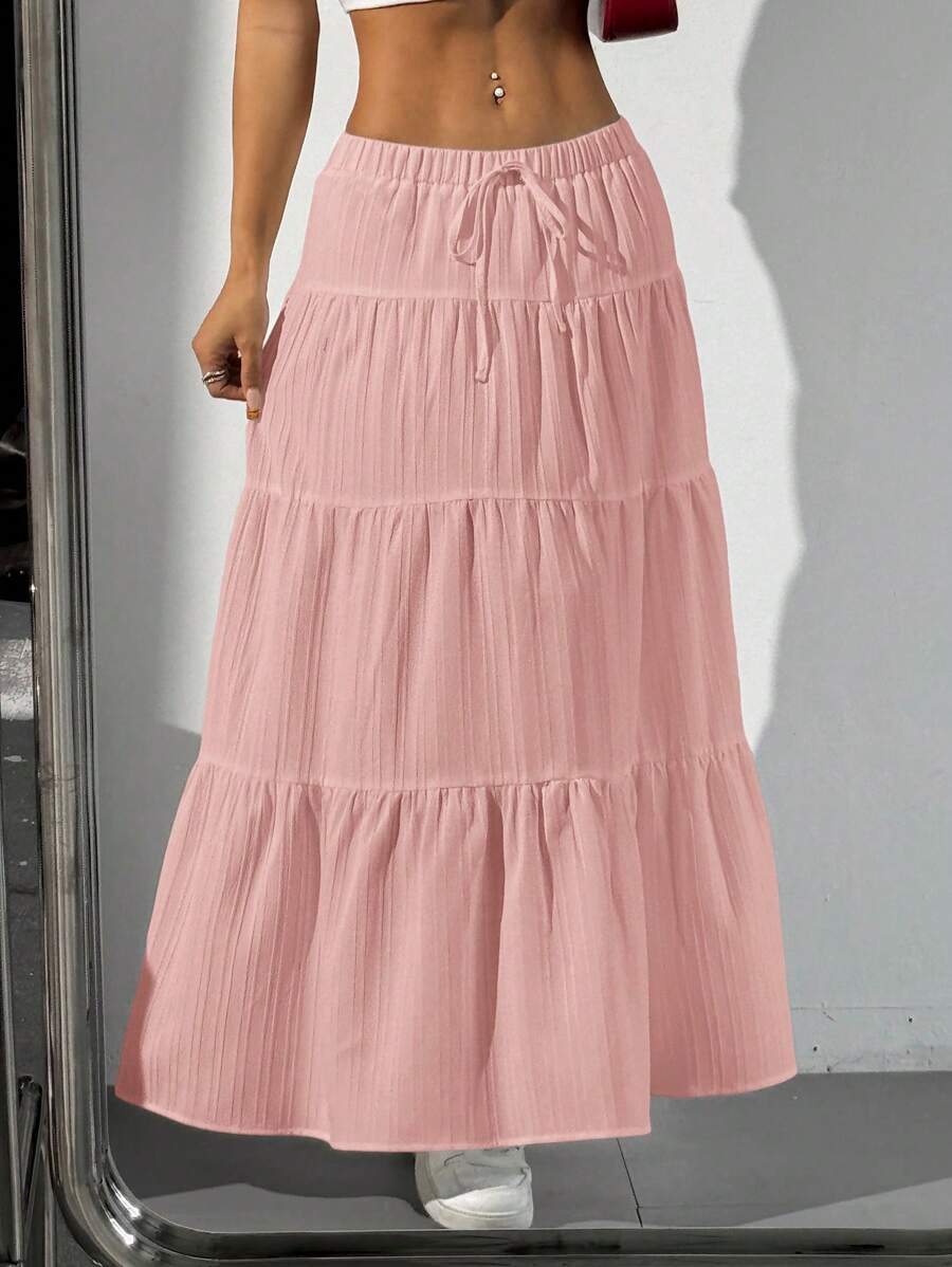 MainGRL Women Solid Color High Waist Tie Ruffled Hem Maxi Skirt