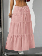 MainGRL Women Solid Color High Waist Tie Ruffled Hem Maxi Skirt