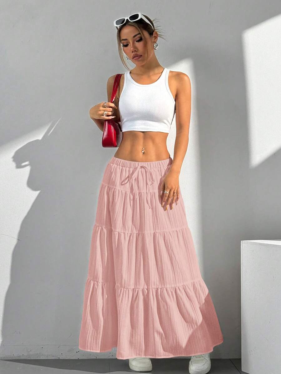 MainGRL Women Solid Color High Waist Tie Ruffled Hem Maxi Skirt