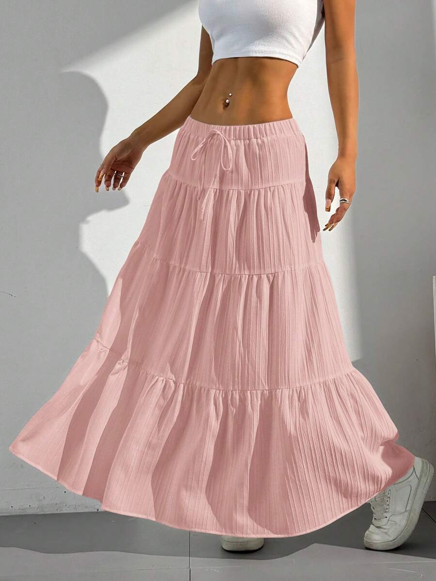 MainGRL Women Solid Color High Waist Tie Ruffled Hem Maxi Skirt