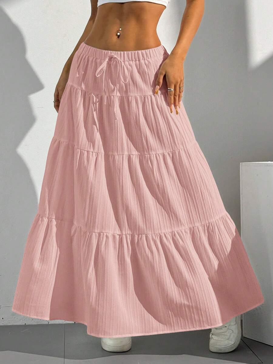 MainGRL Women Solid Color High Waist Tie Ruffled Hem Maxi Skirt