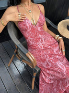 SHEIN Unity Paisley Print V-Neck Backless Tie-Up Button Design Maxi Dress