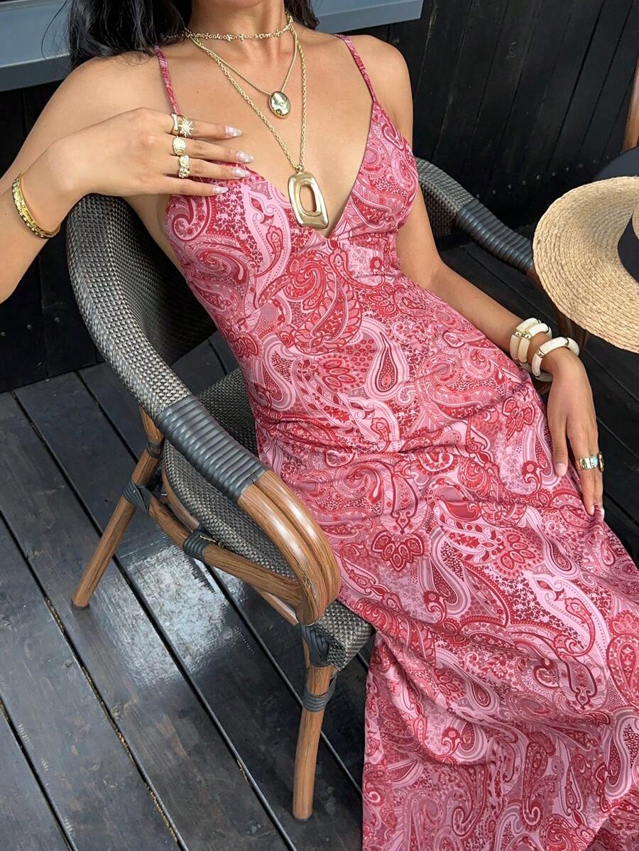 SHEIN Unity Paisley Print V-Neck Backless Tie-Up Button Design Maxi Dress