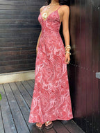 SHEIN Unity Paisley Print V-Neck Backless Tie-Up Button Design Maxi Dress