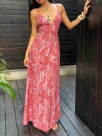 SHEIN Unity Paisley Print V-Neck Backless Tie-Up Button Design Maxi Dress