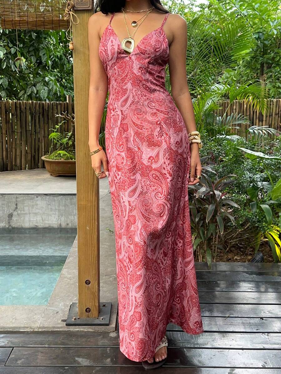 SHEIN Unity Paisley Print V-Neck Backless Tie-Up Button Design Maxi Dress