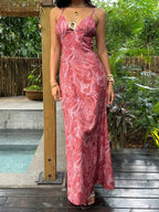 SHEIN Unity Paisley Print V-Neck Backless Tie-Up Button Design Maxi Dress