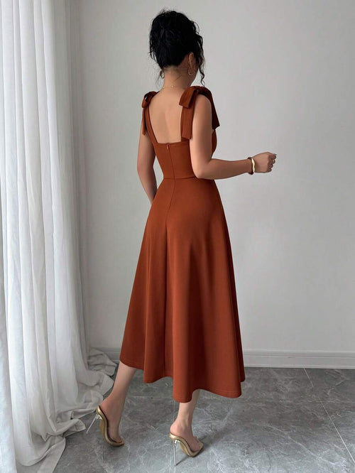 Elenzga Sleeveless Tie-Up Cinched Waist A-Line Elegant Romantic Women Dress