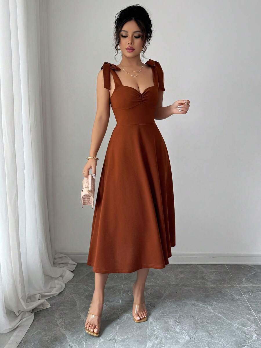 Elenzga Sleeveless Tie-Up Cinched Waist A-Line Elegant Romantic Women Dress