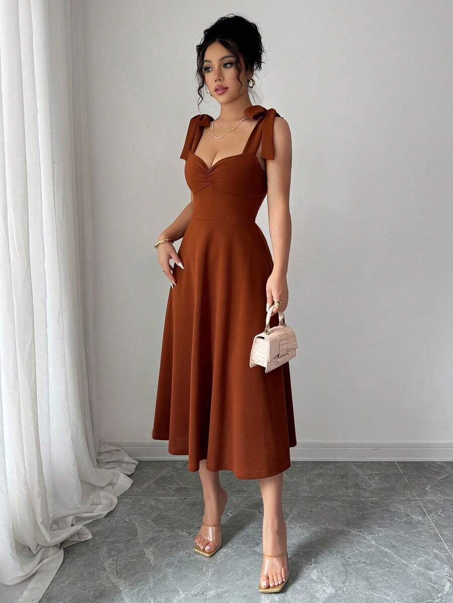Elenzga Sleeveless Tie-Up Cinched Waist A-Line Elegant Romantic Women Dress