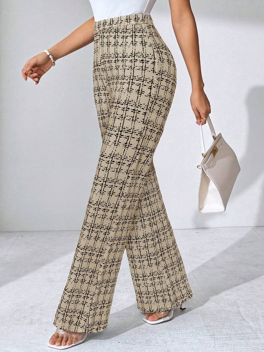 SHEIN Clasi Summer Elegant Women's Plaid Printed Elastic Knitted Pants, Suitable For Various Occasions, Suitable For Summer Vacation, Elegant Travel, And Daily Commuting Business Casual Woman