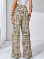 SHEIN Clasi Summer Elegant Women's Plaid Printed Elastic Knitted Pants, Suitable For Various Occasions, Suitable For Summer Vacation, Elegant Travel, And Daily Commuting Business Casual Woman