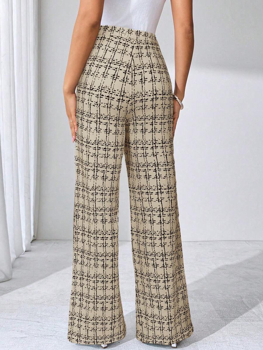 SHEIN Clasi Summer Elegant Women's Plaid Printed Elastic Knitted Pants, Suitable For Various Occasions, Suitable For Summer Vacation, Elegant Travel, And Daily Commuting Business Casual Woman