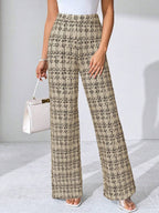SHEIN Clasi Summer Elegant Women's Plaid Printed Elastic Knitted Pants, Suitable For Various Occasions, Suitable For Summer Vacation, Elegant Travel, And Daily Commuting Business Casual Woman