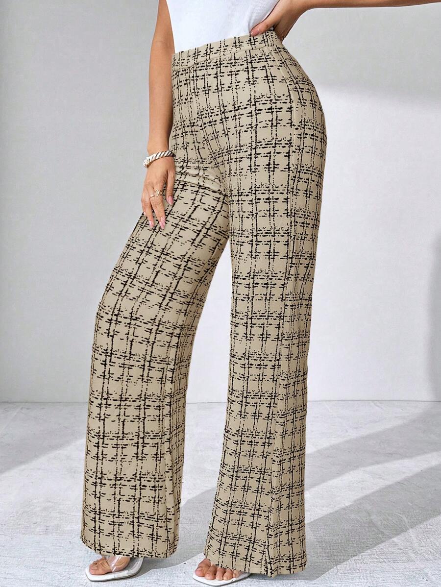SHEIN Clasi Summer Elegant Women's Plaid Printed Elastic Knitted Pants, Suitable For Various Occasions, Suitable For Summer Vacation, Elegant Travel, And Daily Commuting Business Casual Woman
