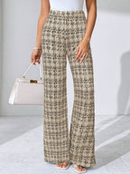 SHEIN Clasi Summer Elegant Women's Plaid Printed Elastic Knitted Pants, Suitable For Various Occasions, Suitable For Summer Vacation, Elegant Travel, And Daily Commuting Business Casual Woman