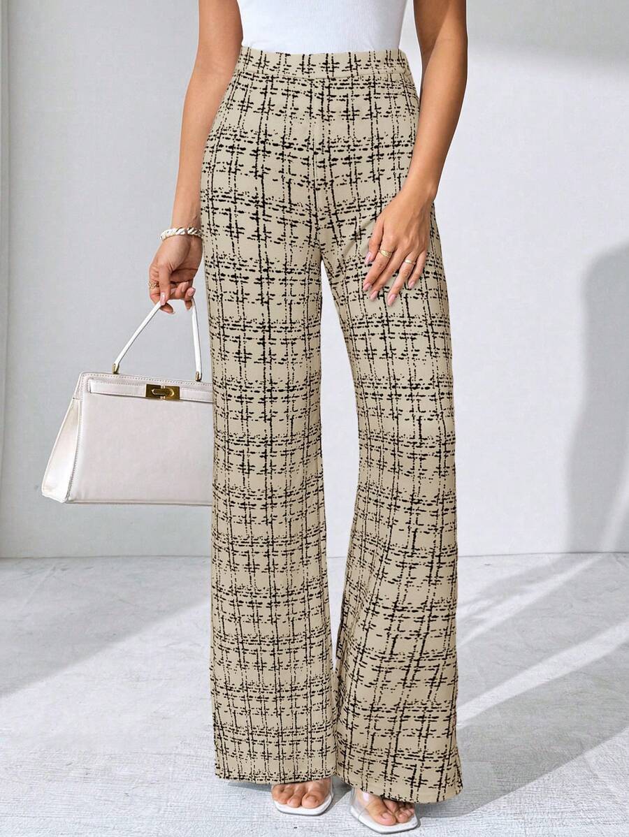 SHEIN Clasi Summer Elegant Women's Plaid Printed Elastic Knitted Pants, Suitable For Various Occasions, Suitable For Summer Vacation, Elegant Travel, And Daily Commuting Business Casual Woman