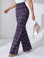 SHEIN Clasi Summer Elegant Women's Plaid Printed Elastic Knitted Pants, Suitable For Various Occasions, Suitable For Summer Vacation, Elegant Travel, And Daily Commuting Business Casual Woman