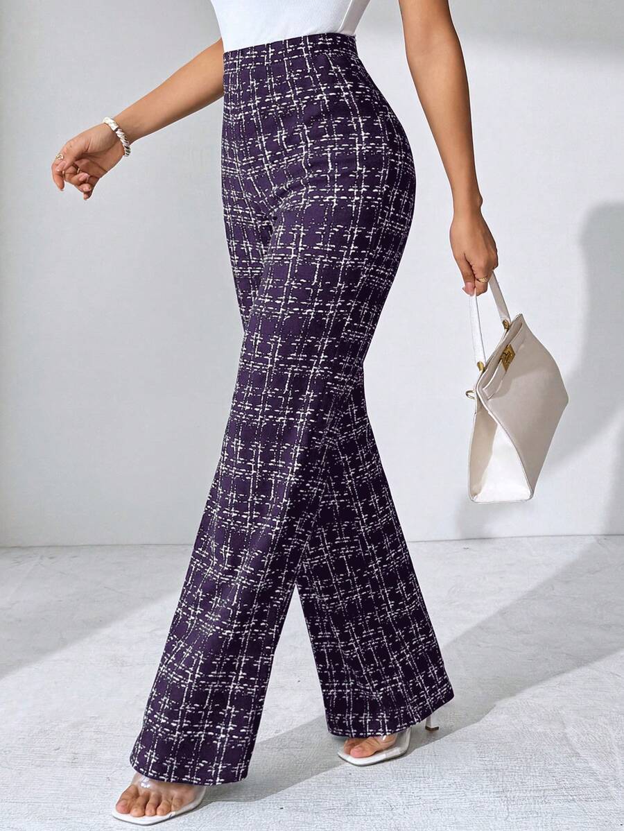 SHEIN Clasi Summer Elegant Women's Plaid Printed Elastic Knitted Pants, Suitable For Various Occasions, Suitable For Summer Vacation, Elegant Travel, And Daily Commuting Business Casual Woman