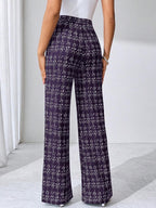 SHEIN Clasi Summer Elegant Women's Plaid Printed Elastic Knitted Pants, Suitable For Various Occasions, Suitable For Summer Vacation, Elegant Travel, And Daily Commuting Business Casual Woman
