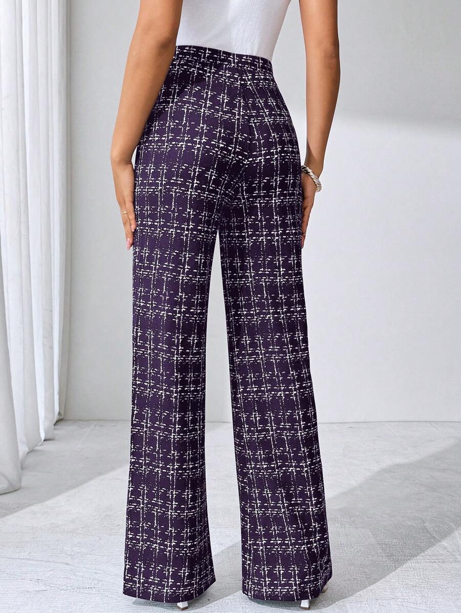 SHEIN Clasi Summer Elegant Women's Plaid Printed Elastic Knitted Pants, Suitable For Various Occasions, Suitable For Summer Vacation, Elegant Travel, And Daily Commuting Business Casual Woman