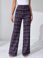 SHEIN Clasi Summer Elegant Women's Plaid Printed Elastic Knitted Pants, Suitable For Various Occasions, Suitable For Summer Vacation, Elegant Travel, And Daily Commuting Business Casual Woman