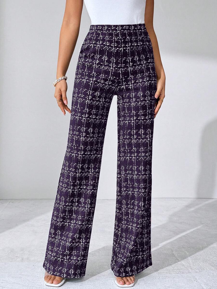 SHEIN Clasi Summer Elegant Women's Plaid Printed Elastic Knitted Pants, Suitable For Various Occasions, Suitable For Summer Vacation, Elegant Travel, And Daily Commuting Business Casual Woman