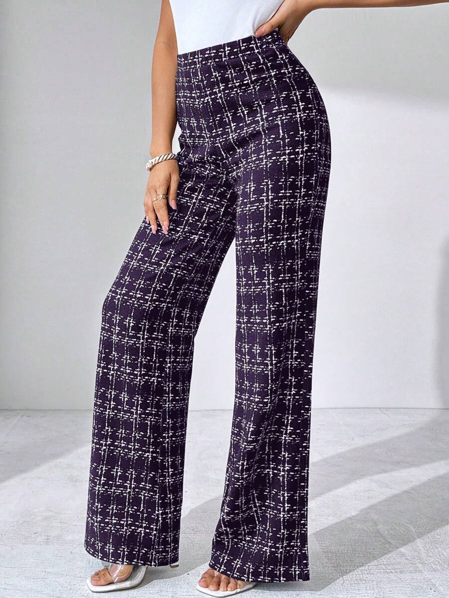 SHEIN Clasi Summer Elegant Women's Plaid Printed Elastic Knitted Pants, Suitable For Various Occasions, Suitable For Summer Vacation, Elegant Travel, And Daily Commuting Business Casual Woman