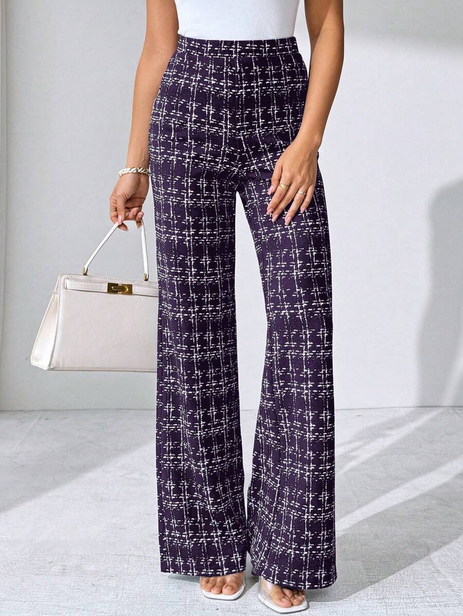 SHEIN Clasi Summer Elegant Women's Plaid Printed Elastic Knitted Pants, Suitable For Various Occasions, Suitable For Summer Vacation, Elegant Travel, And Daily Commuting Business Casual Woman