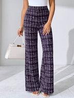 SHEIN Clasi Summer Elegant Women's Plaid Printed Elastic Knitted Pants, Suitable For Various Occasions, Suitable For Summer Vacation, Elegant Travel, And Daily Commuting Business Casual Woman