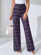SHEIN Clasi Summer Elegant Women's Plaid Printed Elastic Knitted Pants, Suitable For Various Occasions, Suitable For Summer Vacation, Elegant Travel, And Daily Commuting Business Casual Woman