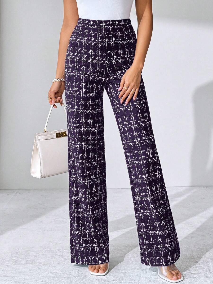 SHEIN Clasi Summer Elegant Women's Plaid Printed Elastic Knitted Pants, Suitable For Various Occasions, Suitable For Summer Vacation, Elegant Travel, And Daily Commuting Business Casual Woman