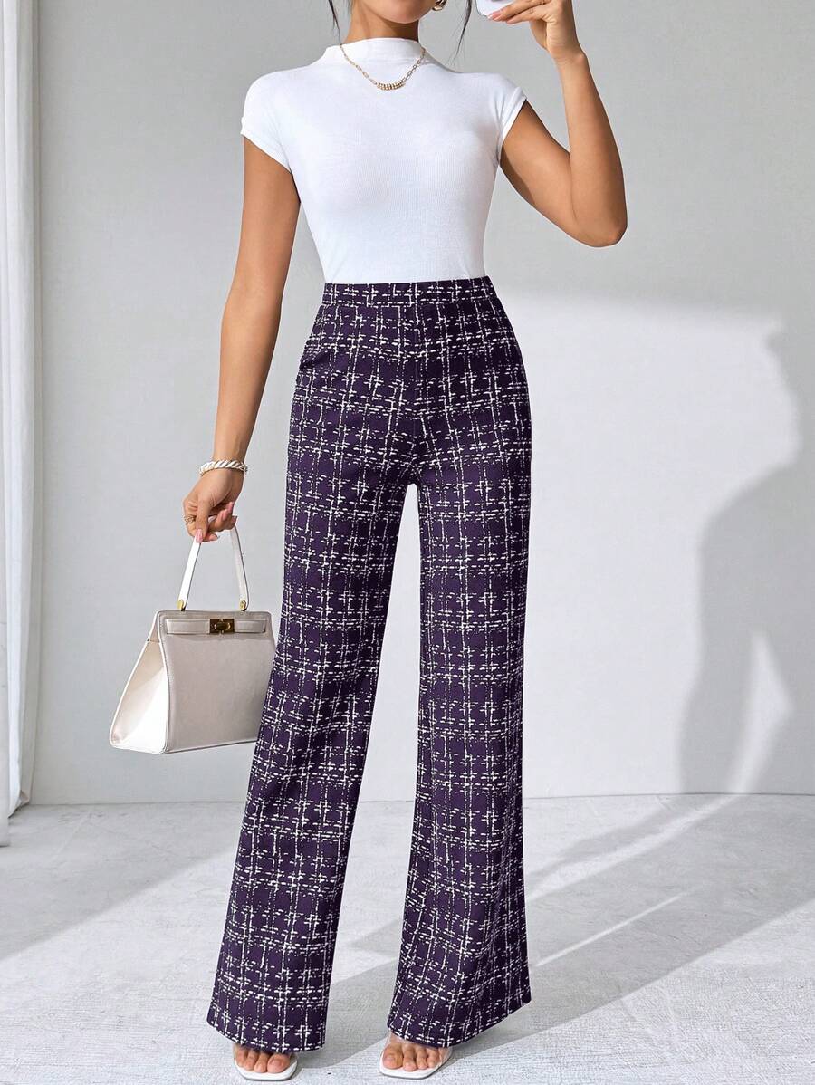 SHEIN Clasi Summer Elegant Women's Plaid Printed Elastic Knitted Pants, Suitable For Various Occasions, Suitable For Summer Vacation, Elegant Travel, And Daily Commuting Business Casual Woman
