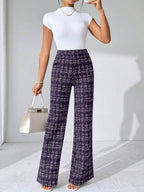 SHEIN Clasi Summer Elegant Women's Plaid Printed Elastic Knitted Pants, Suitable For Various Occasions, Suitable For Summer Vacation, Elegant Travel, And Daily Commuting Business Casual Woman