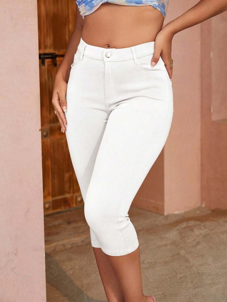 High Waist Ultra Stretchy Slant Pocket Skinny Capri Pants Classic Casual Comfort 3/4 Length Trousers