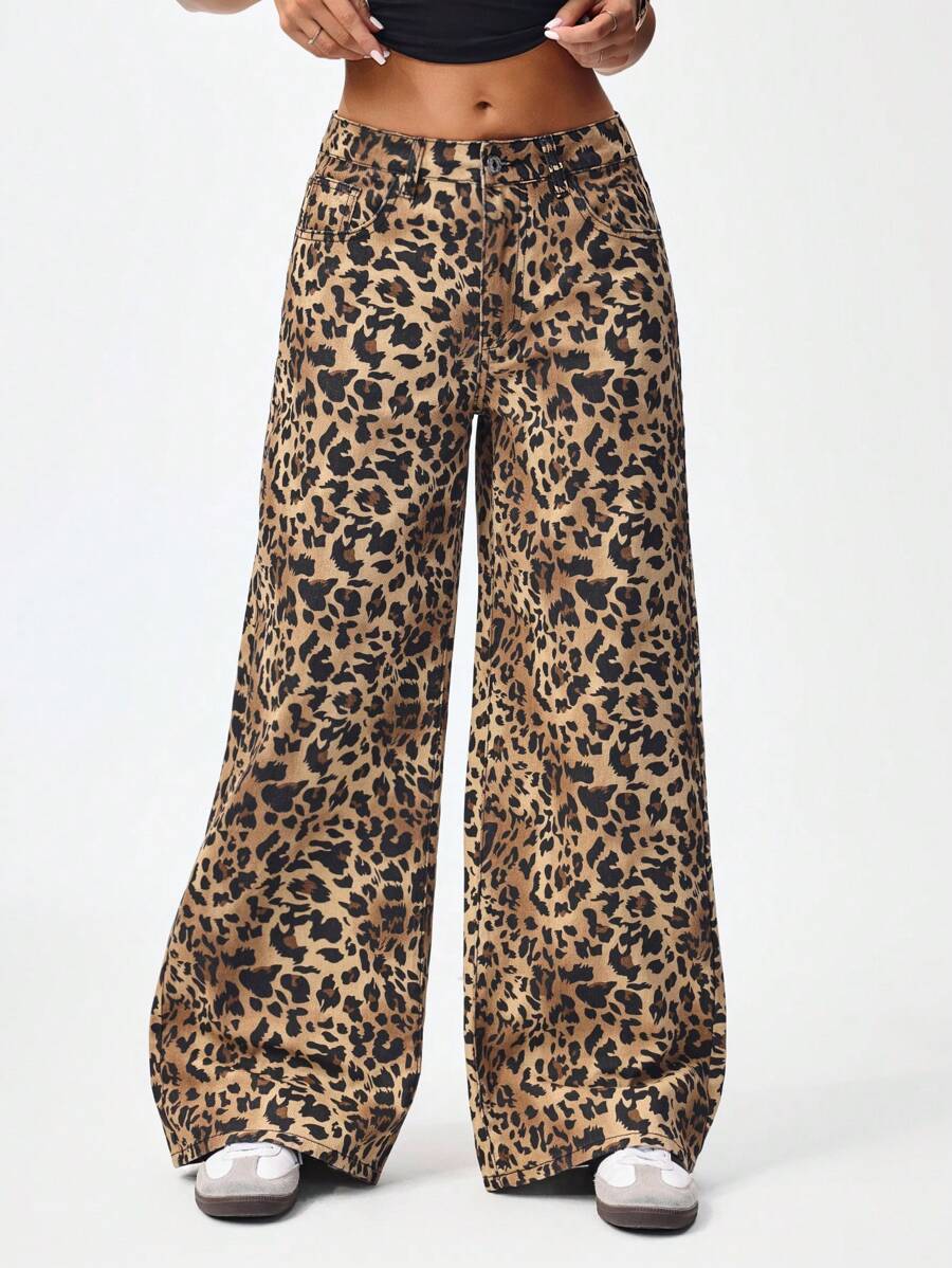 SHEIN ICON Women's Loose Fit Wide Leg Pockets Casual Versatile Jeans Pants
