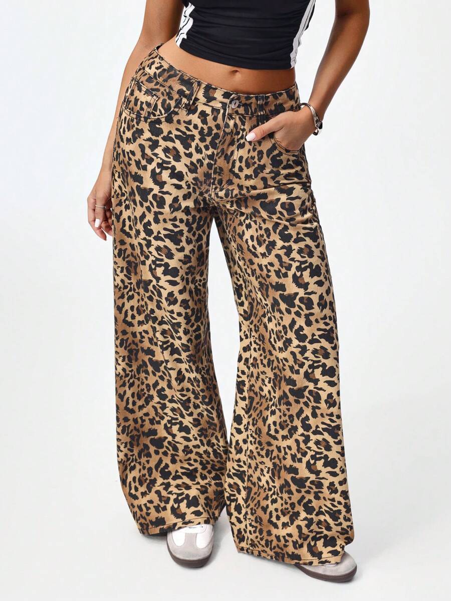 SHEIN ICON Women's Loose Fit Wide Leg Pockets Casual Versatile Jeans Pants