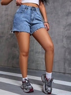 Women's Summer Casual Washed Denim Shorts, Frayed Hem, Pockets, Non-Stretch Woven Fabric, Straight Leg Short Design