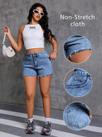Women's Summer Casual Washed Denim Shorts, Frayed Hem, Pockets, Non-Stretch Woven Fabric, Straight Leg Short Design