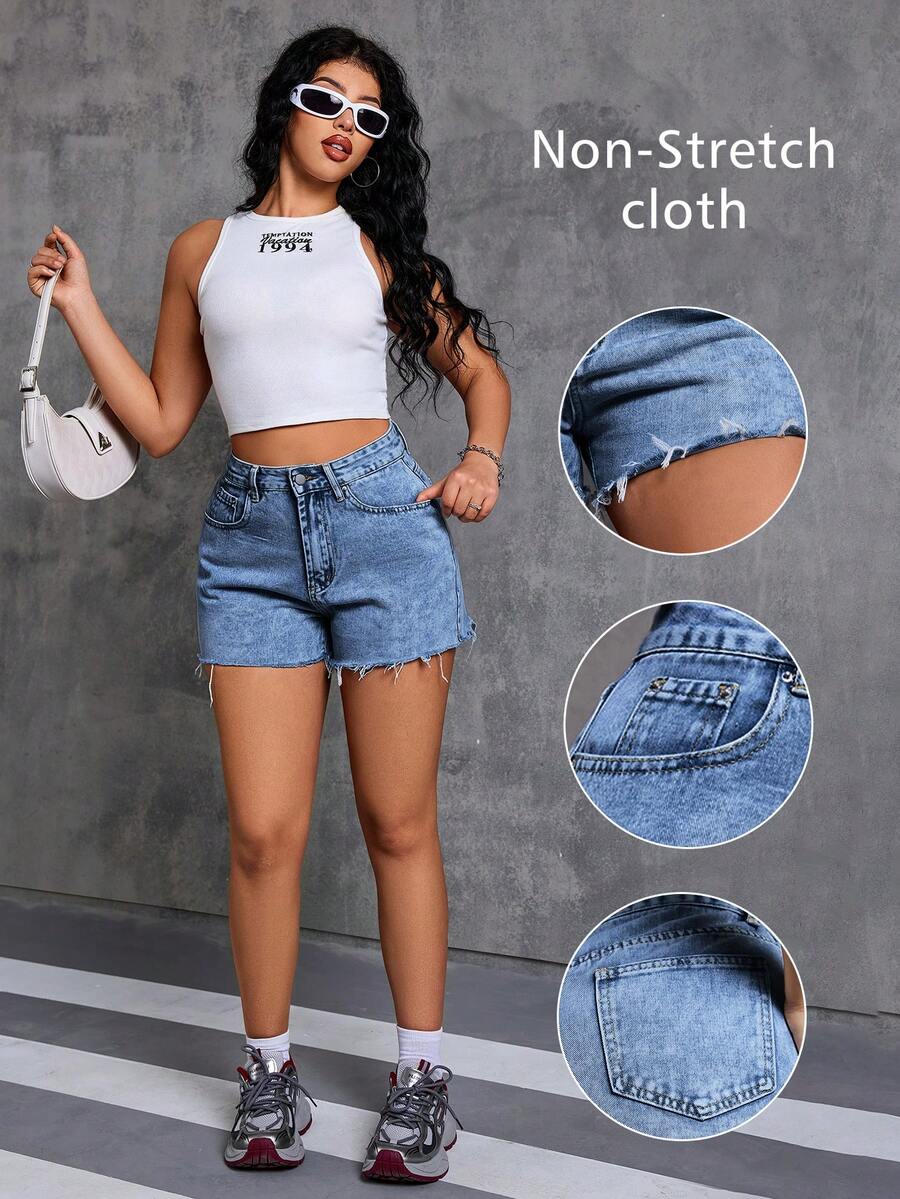 Women's Summer Casual Washed Denim Shorts, Frayed Hem, Pockets, Non-Stretch Woven Fabric, Straight Leg Short Design