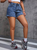 Women's Summer Casual Washed Denim Shorts, Frayed Hem, Pockets, Non-Stretch Woven Fabric, Straight Leg Short Design