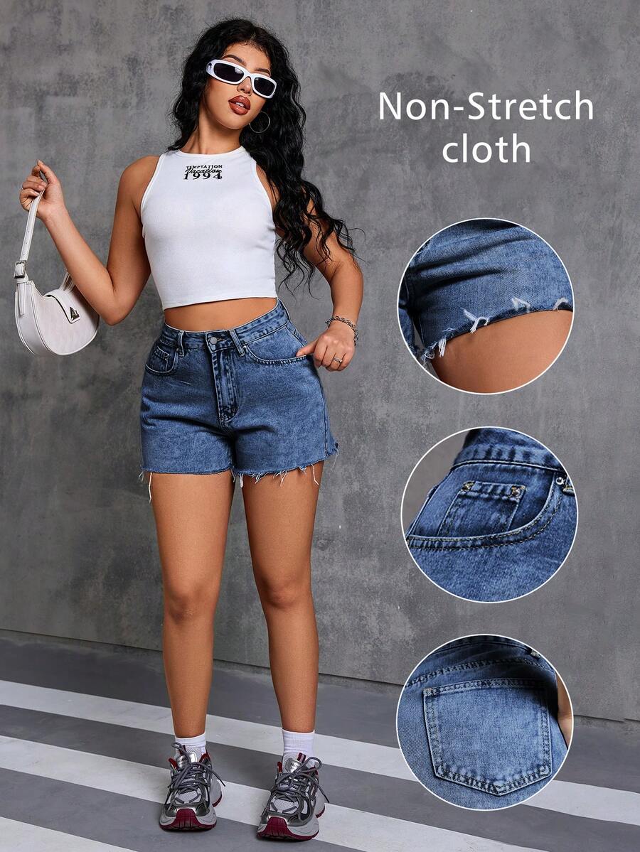 Women's Summer Casual Washed Denim Shorts, Frayed Hem, Pockets, Non-Stretch Woven Fabric, Straight Leg Short Design