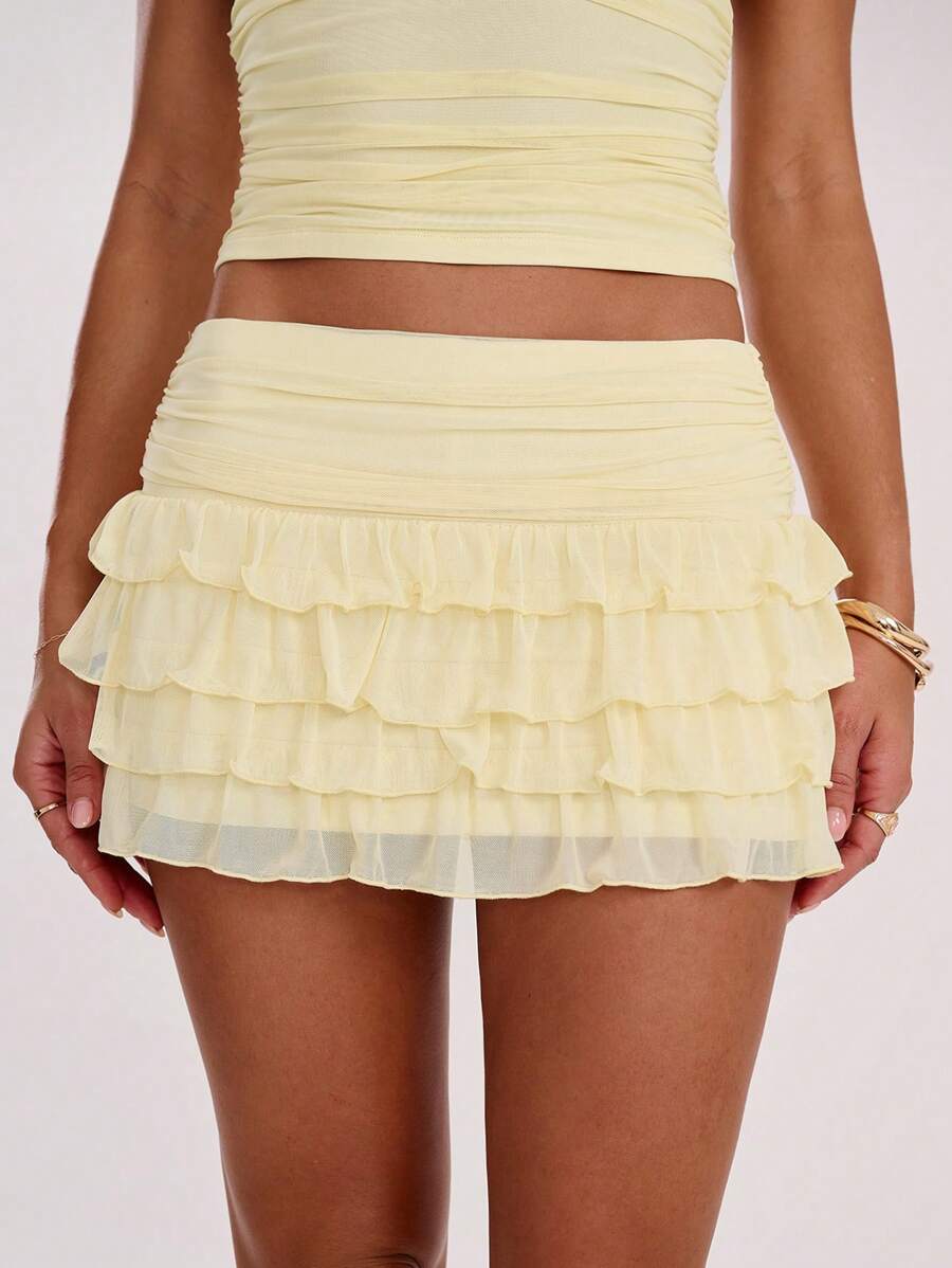 SHEIN BAE Women's Fashionable Sexy Multi-Layer Ruffle Hem Mini Skirt, Summer,Valentine's Day,Valentine Outfits For Women