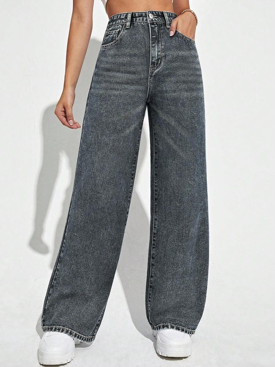 SHEIN ICON Casual Relaxed-Fit High-Waist Straight Leg Denim Jeans