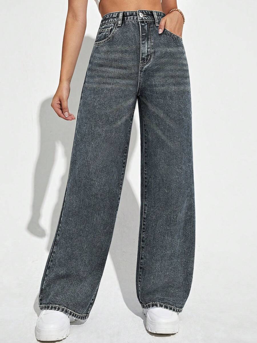 SHEIN ICON Casual Relaxed-Fit High-Waist Straight Leg Denim Jeans