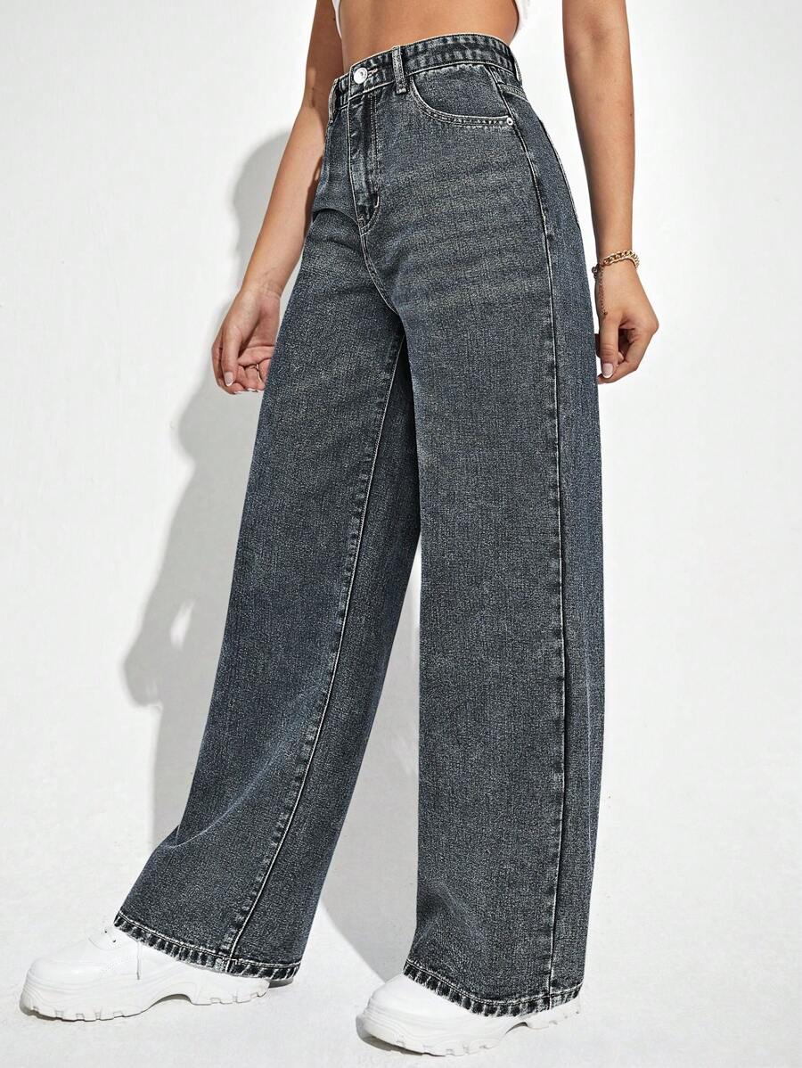 SHEIN ICON Casual Relaxed-Fit High-Waist Straight Leg Denim Jeans