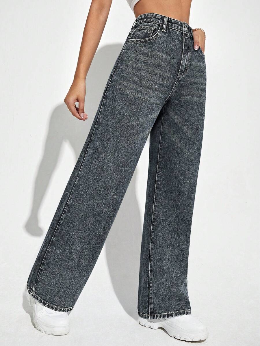 SHEIN ICON Casual Relaxed-Fit High-Waist Straight Leg Denim Jeans